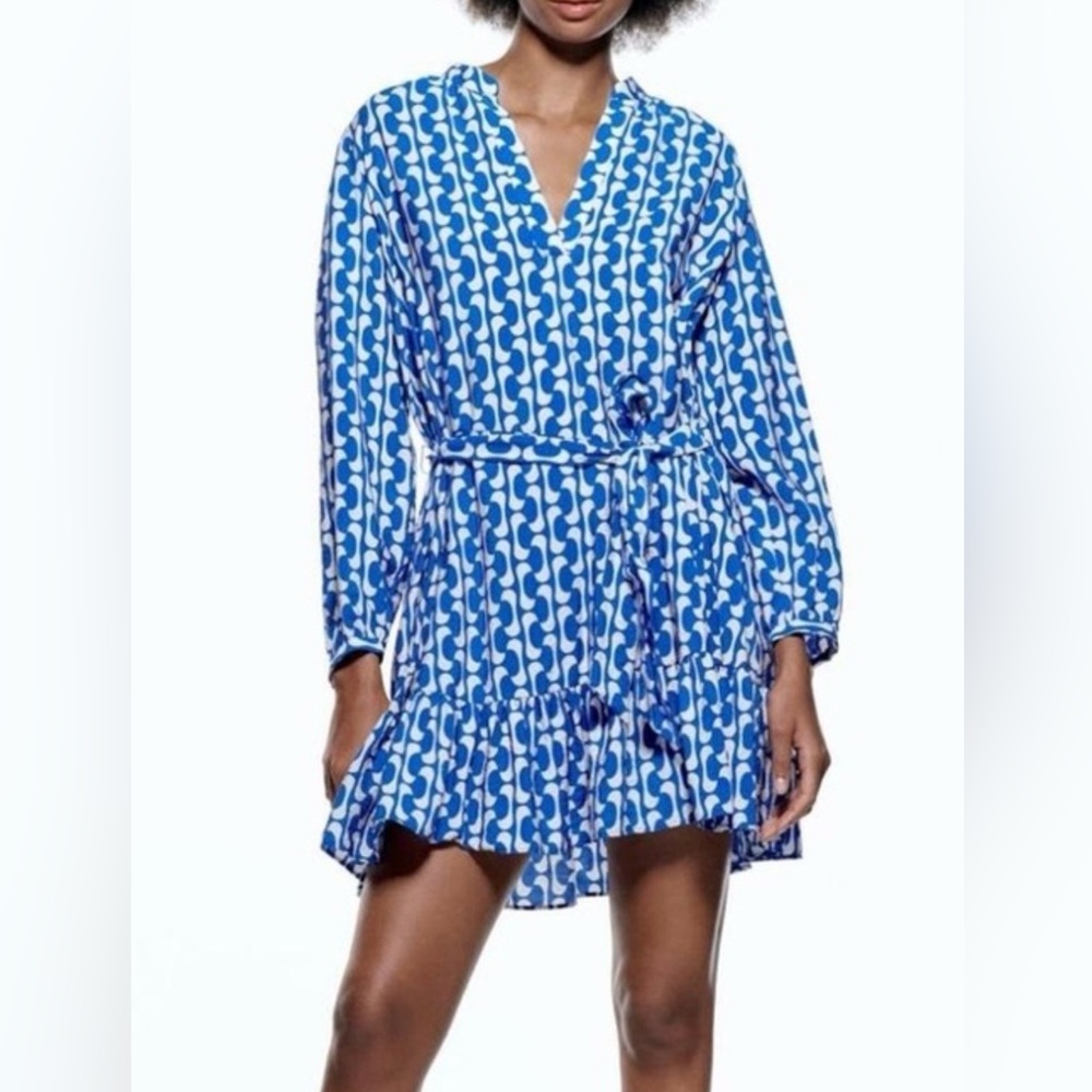 Zara Blue and White Printed Long-Sleeve Wrap Dress